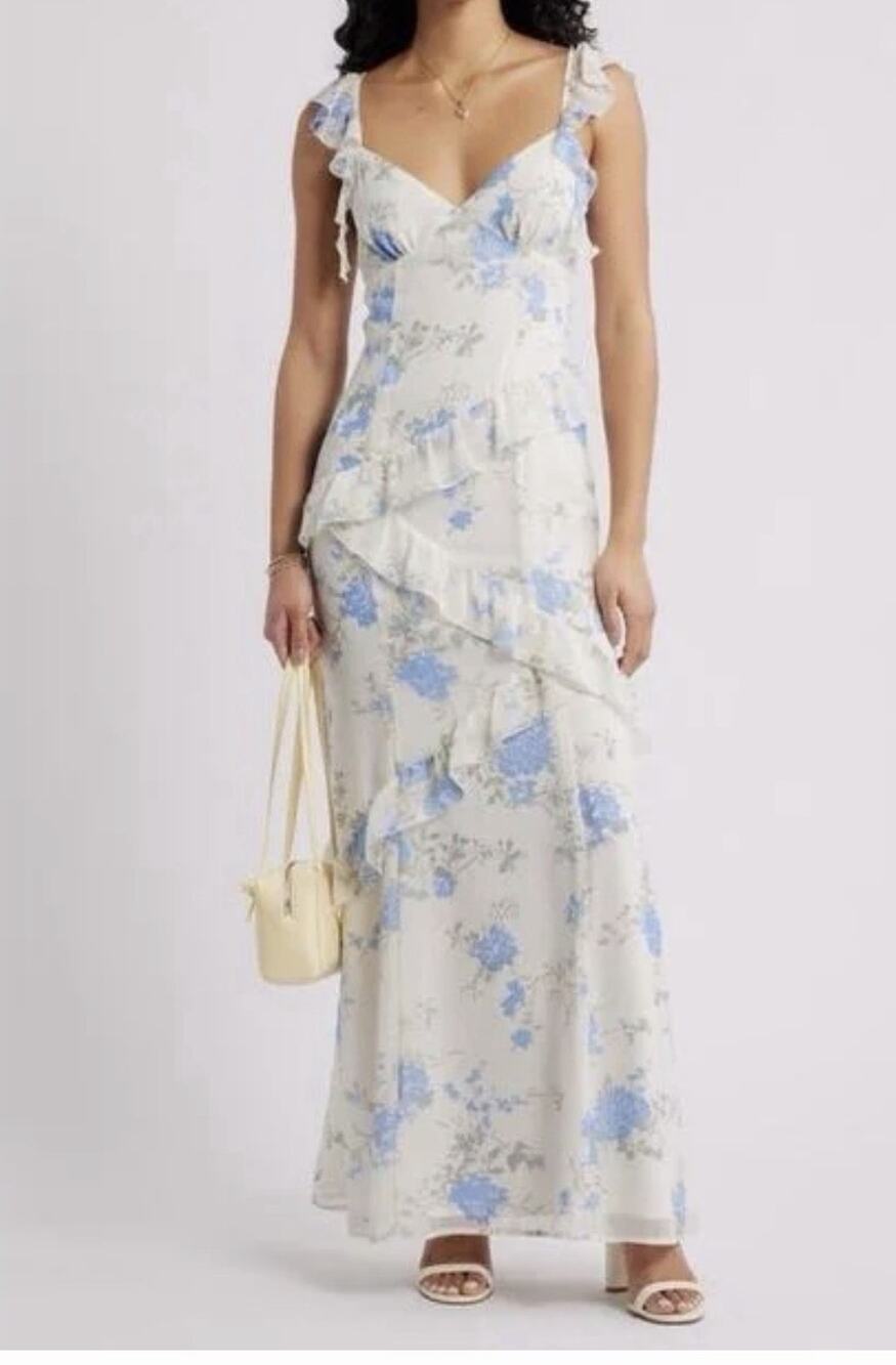 BP Nordstrom Women’s Xl Women's White Asymmetric Ruffle Tiered Maxi Dress (Z24)